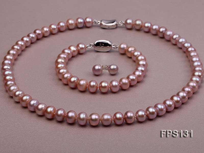 9-10mm AA Lavender Flat Freshwater Pearl Necklace, Bracelet and Stud Earrings Set