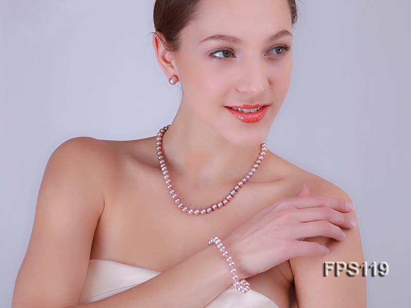 8-9mm AA Lavender Flat Freshwater Pearl Necklace, Bracelet and Stud Earrings Set