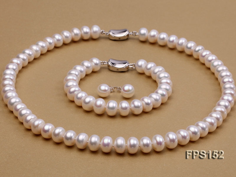 10-11mm AA White Flat Freshwater Pearl Necklace, Bracelet and Stud Earrings Set