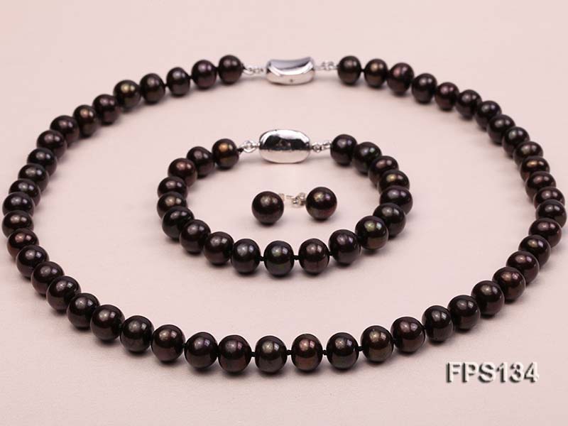 9-10mm AA Dark-coffee Flat Freshwater Pearl Necklace, Bracelet and Stud Earrings Set