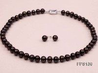 9-10mm AA Dark-coffee Flat Freshwater Pearl Necklace and Stud Earrings Set