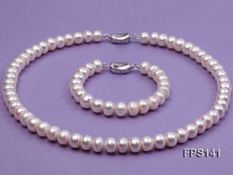 9-10mm AA White Flat Freshwater Pearl Necklace and Bracelet Set