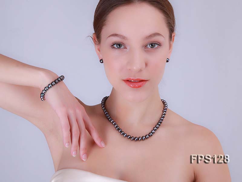 9-10mm AA Black Flat Freshwater Pearl Necklace, Bracelet and Stud Earrings Set