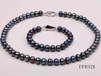 9-10mm AA Black Flat Freshwater Pearl Necklace and Bracelet Set