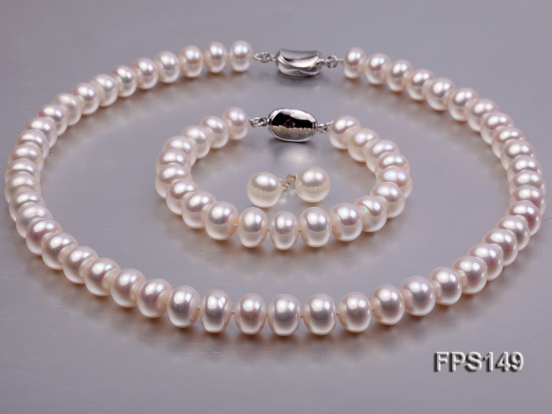11-12mm AA White Flat Freshwater Pearl Necklace, Bracelet and Stud Earrings Set