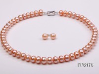10-11mm AA Pink Flat Freshwater Pearl Necklace and Stud Earrings Set