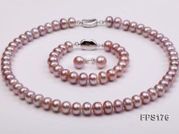10-11mm AA Light-purple Flat Freshwater Pearl Necklace, Bracelet and Stud Earrings Set