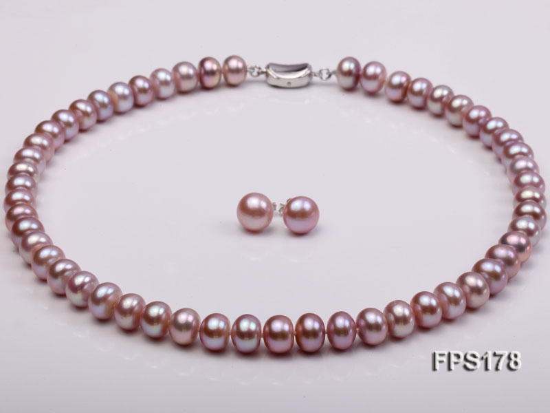 10-11mm AA Light-purple Flat Freshwater Pearl Necklace and Stud Earrings Set