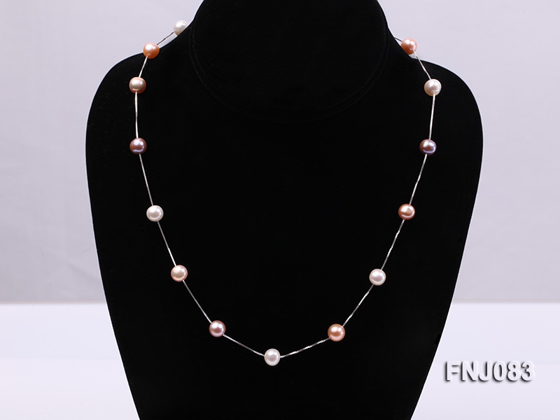 7.5mm Multi-color Pearl Station Necklace with a Gold Chain