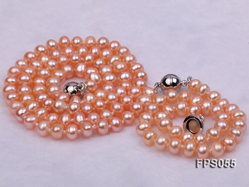 5-6mm AA Pink Flat Freshwater Pearl Necklace and Bracelet Set