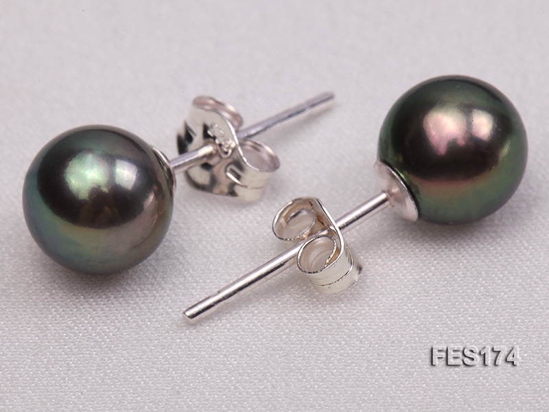 7mm Peacock Green Round Freshwater Pearl Earring