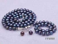 7-8mm Peacock Blue Flat Freshwater Pearl Necklace, Bracelet and Stud Earrings Set