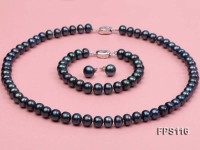 8-9mm Peacock Blue Flat Freshwater Pearl Necklace, Bracelet and Stud Earrings Set