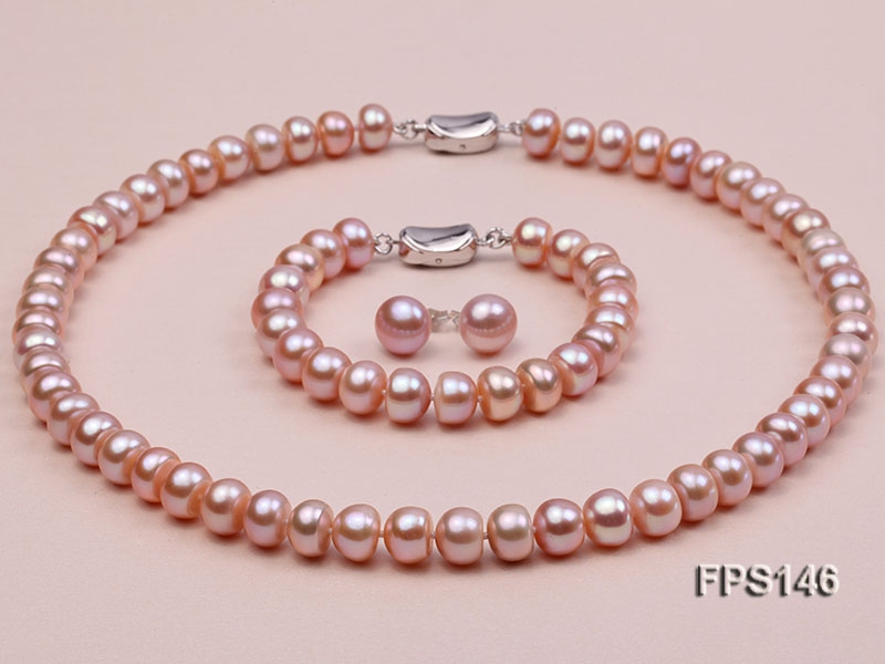9-10mm Lavender Flat Freshwater Pearl Necklace, Bracelet and Stud Earrings Set