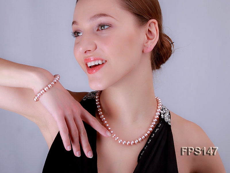 9-10mm Lavender Flat Freshwater Pearl Necklace and Bracelet Set