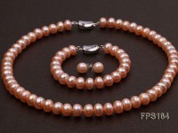 10-11mm AA Pink Flat Freshwater Pearl Necklace, Bracelet and Stud Earrings Set