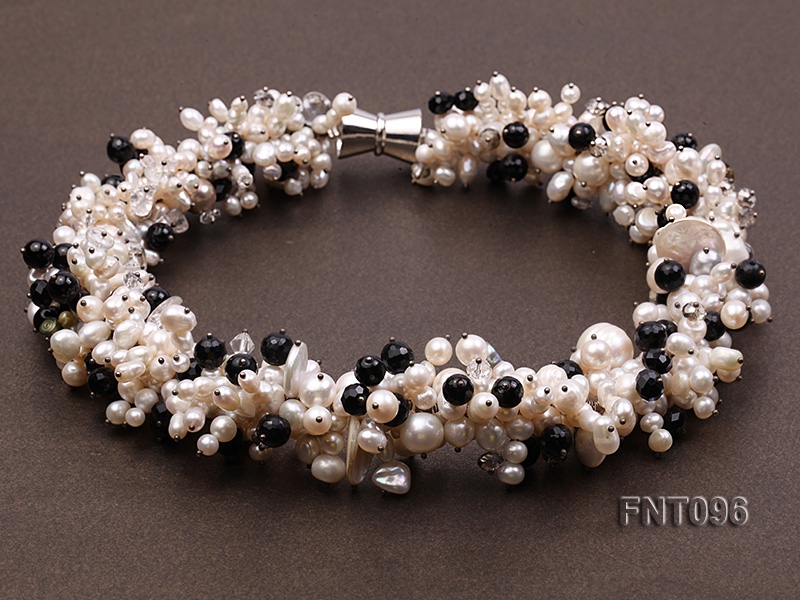 6-11mm White Freshwater Pearl & Black Agate Beads Necklace and Bracelet Set