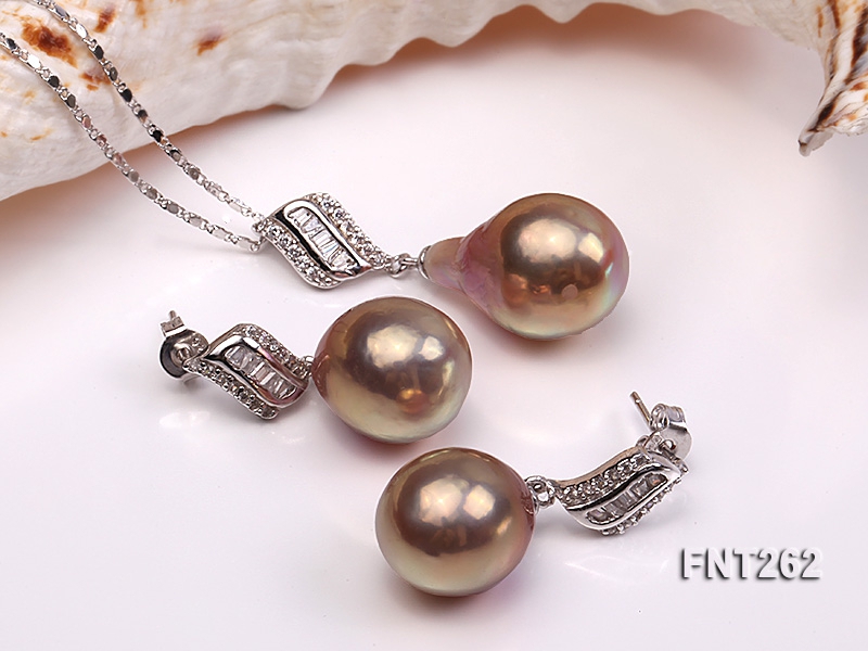 13×15-13x19mm Light-brown Freshwater Pearl Pendant and Earrings Set