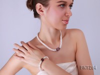 9mm White Flat Freshwater Pearl, Cat’s Eye & Amethyst Pearl Necklace and Bracelet Set