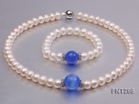 9-10mm White Flat Freshwater pearl & Cat’s Eye Necklace and Bracelet Set