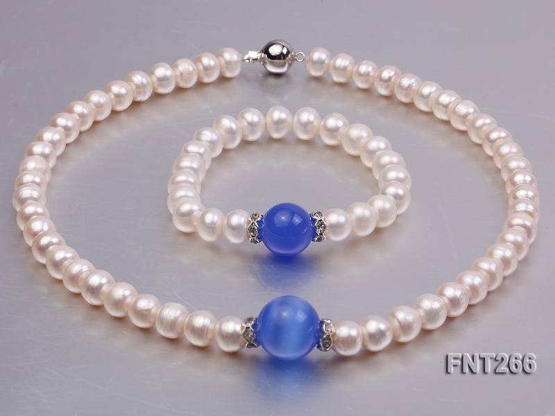 9-10mm White Flat Freshwater pearl & Cat’s Eye Necklace and Bracelet Set