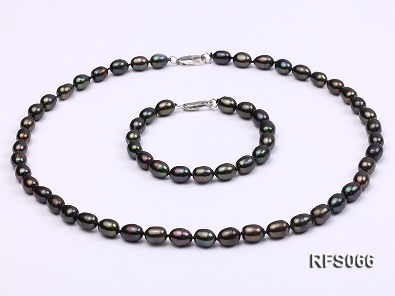 7-8mm Black Rice-shaped Freshwater Pearl Necklace and Bracelet Set