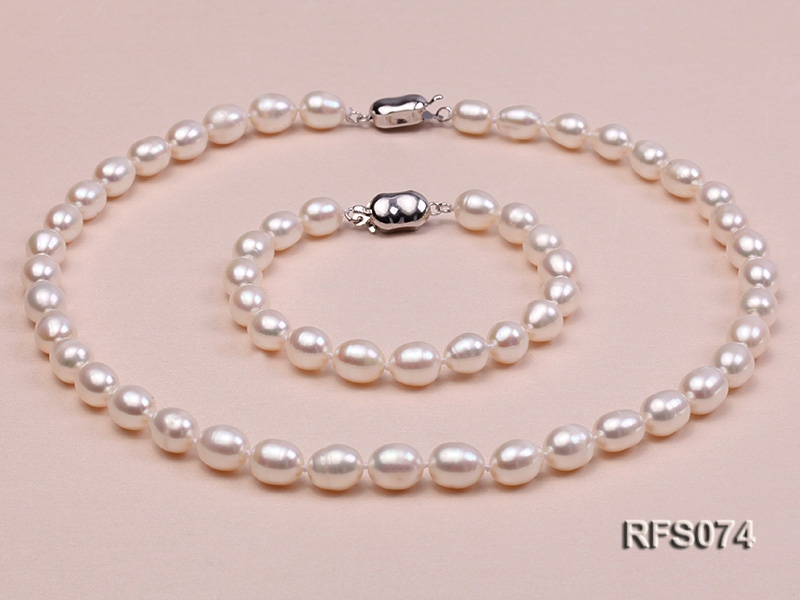 7-8mm White Rice-shaped Freshwater Pearl Necklace and Bracelet Set
