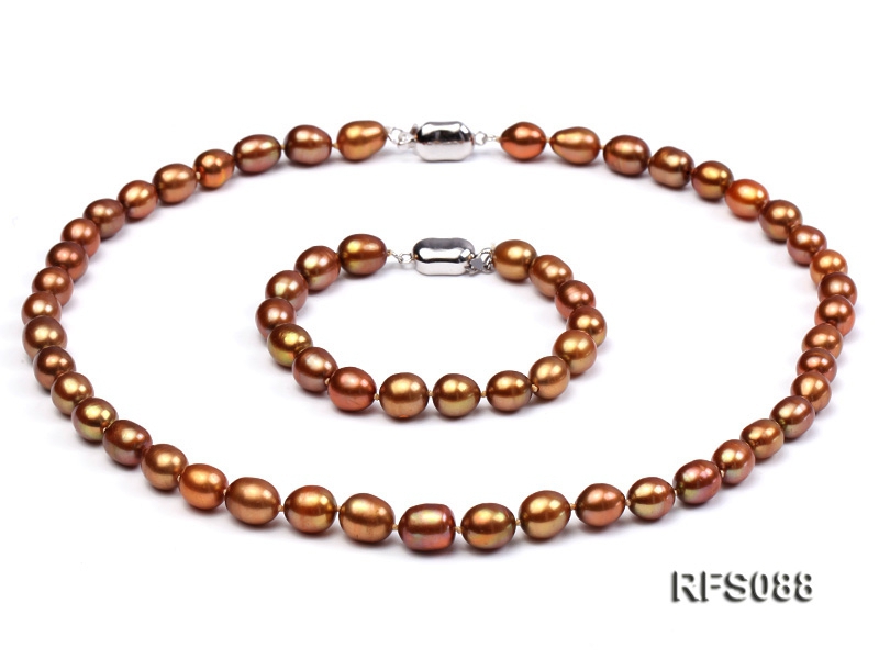 7-8mm Brown Rice-shaped Freshwater Pearl Necklace and Bracelet Set