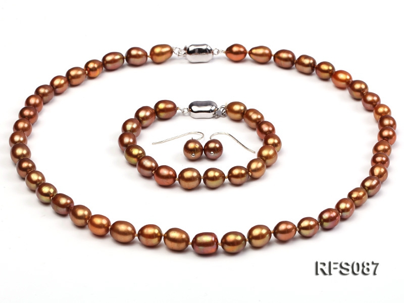 7-8mm Brown Rice-shaped Freshwater Pearl Necklace, Bracelet and earrings Set
