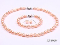 7-8mm Pink Rice-shaped Freshwater Pearl Necklace, Bracelet and earrings Set