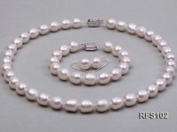 9-10mm White Rice-shaped Freshwater Pearl Necklace, Bracelet and earrings Set