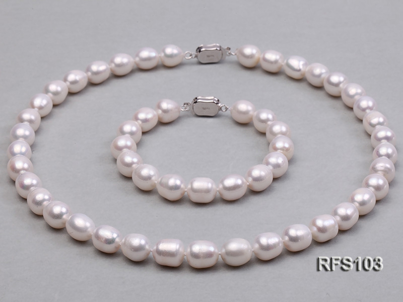9-10mm White Rice-shaped Freshwater Pearl Necklace and Bracelet Set