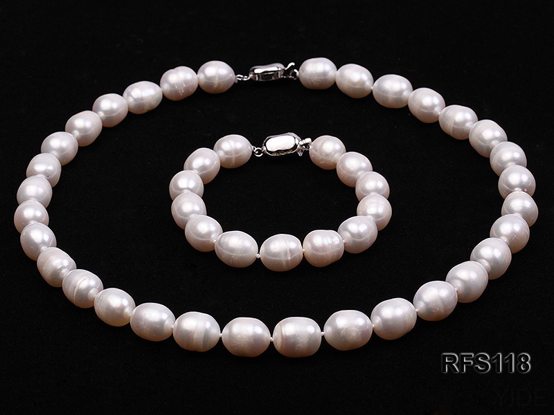 10-11mm White Rice-shaped Freshwater Pearl Necklace and Bracelet Set
