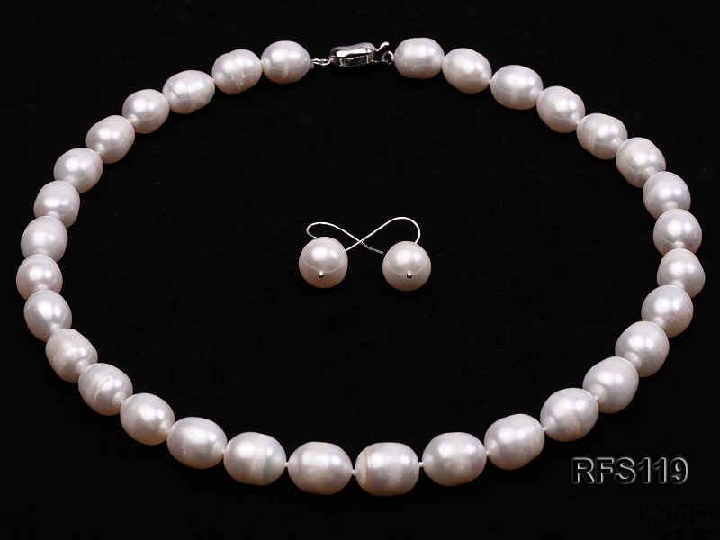 10-11mm White Rice-shaped Freshwater Pearl Necklace and earrings Set