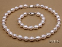 10-11mm White Rice-shaped Freshwater Pearl Necklace, Bracelet and earrings Set