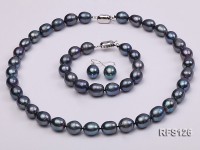 10-11mm Black Rice-shaped Freshwater Pearl Necklace, Bracelet and earrings set