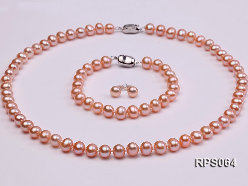 7.5mm AAA pink round freshwater pearl necklace,bracelet and earring set