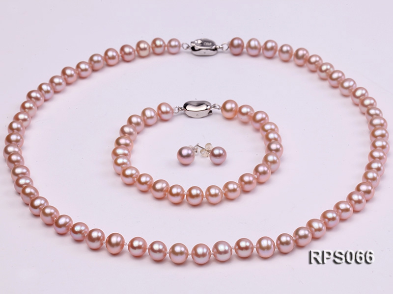 7.5mm AAA lavender round freshwater pearl necklace,bracelet and earring set