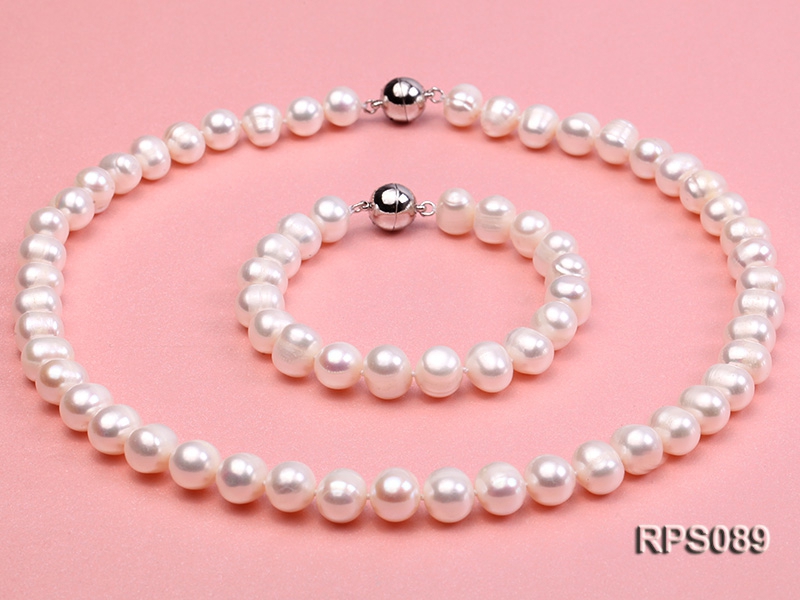 9-10mm white round freshwater pearl necklace and bracelet set