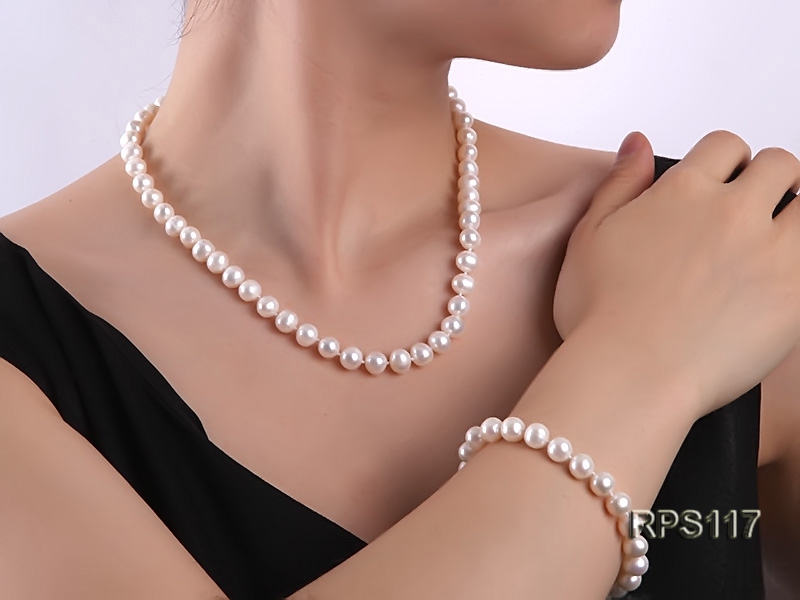 8-9mm AAA white round freshwater pearl necklace and bracelet set