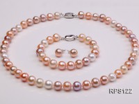 9mm AAA round white pink and lavender freshwater pearl necklace,bracelet and earring set