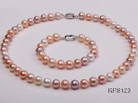 9mm white pink and lavender round freshwater pearl necklace and bracelet set