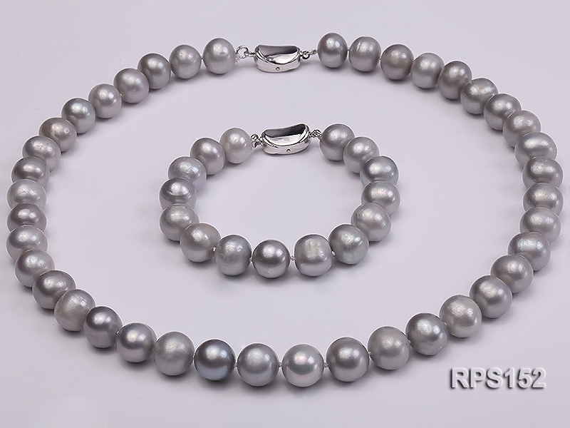 10-11mm grey round freshwater pearl necklace and bracelet set
