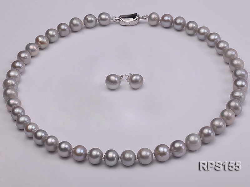 10-11mm grey round freshwater pearl necklace and earring set