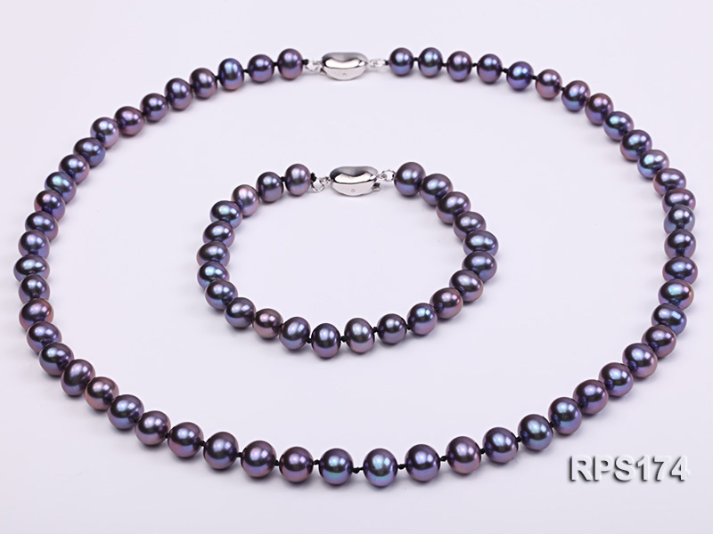 7-8mm black round freshwater pearl necklace and bracelet set