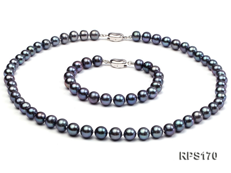 8-9mm AAA black round freshwater pearl necklace and bracelet set