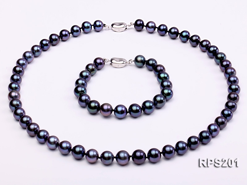 9-10mm AAA black round freshwater pearl necklace and bracelet set