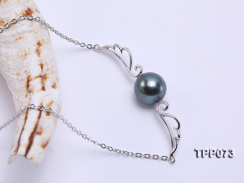 10mm Round Black Tahitian Pearl Pendant with Silver Chain