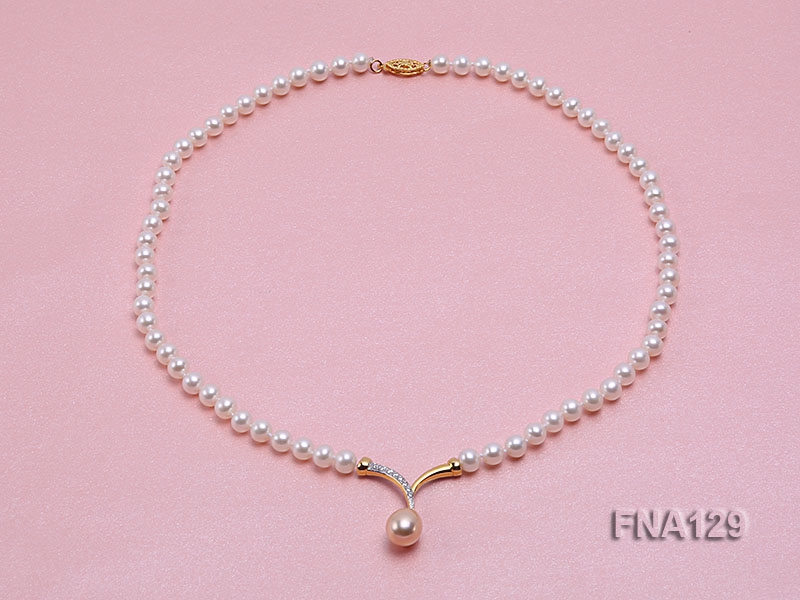 6mm White Round Cultured Freshwater Pearl Necklace with a Pink Pearl Pendant