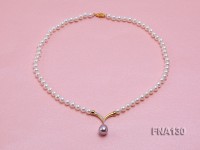 6mm White Round Cultured Freshwater Pearl Necklace with a Lavender Pearl Pendant